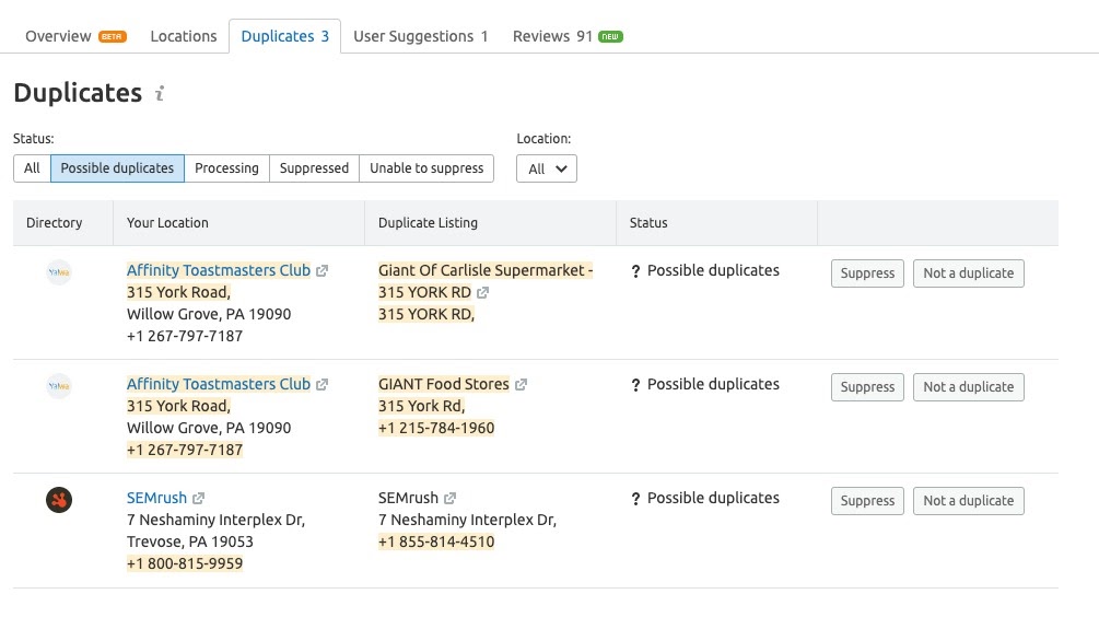 SEMrush Listing Management Tool
