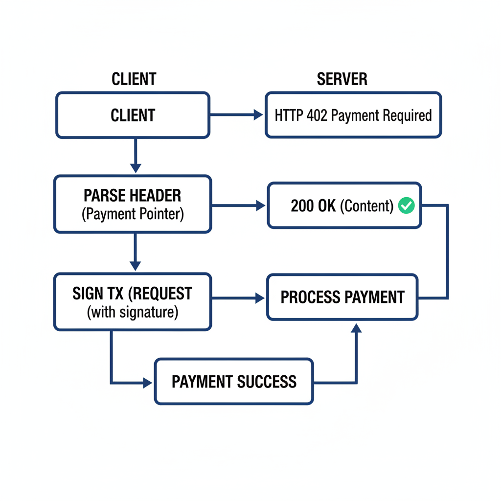 flowchart of HTTP 402 response to payment success, arrows showing parse header, sign tx, retry request