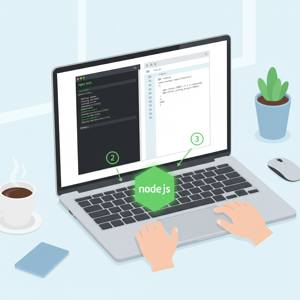 developer laptop screen showing terminal with npm init command, clean code editor, Node.js logo