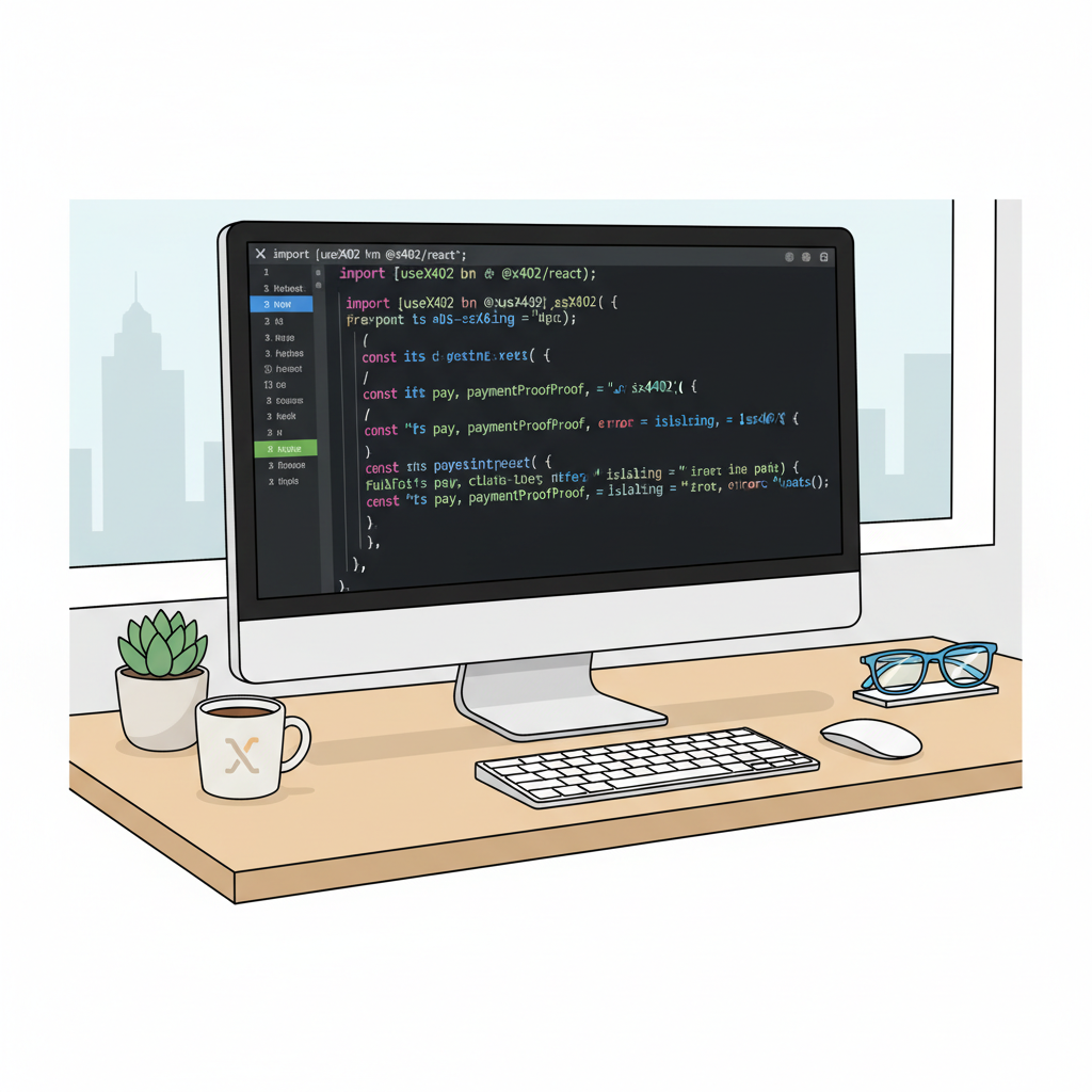 React functional component code initializing useX402 hook with destructured values like pay and paymentProof, syntax highlighted, developer desk setup --ar 16:9
