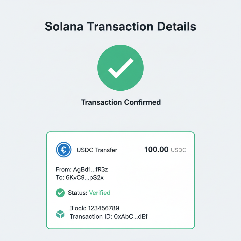 blockchain transaction verification screen on Solana, green checkmark on USDC transfer