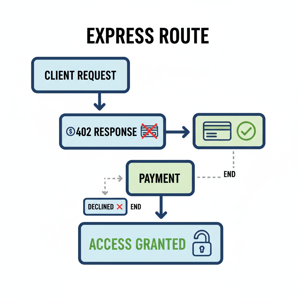 flowchart of Express route: client request -> 402 response -> payment -> access granted