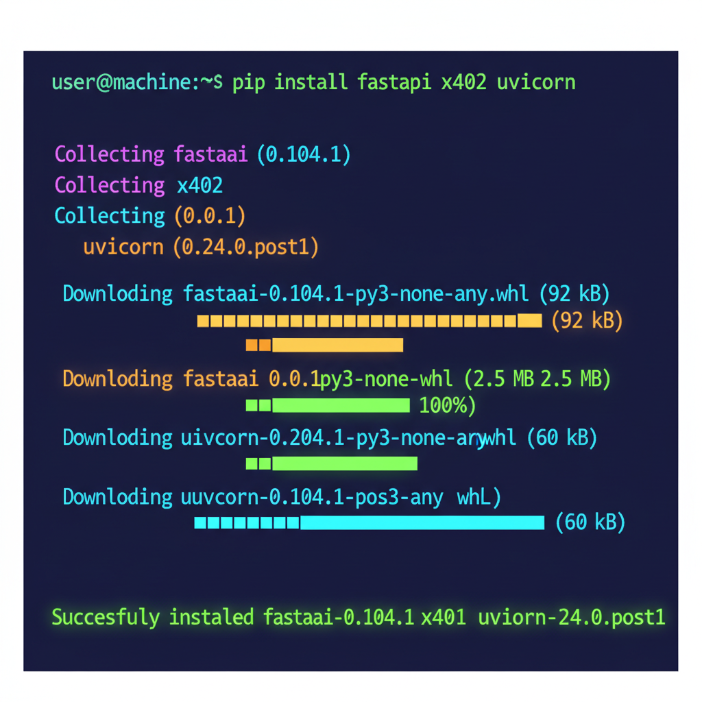 colorful terminal installing Python packages fastapi x402 uvicorn, vibrant code lines glowing