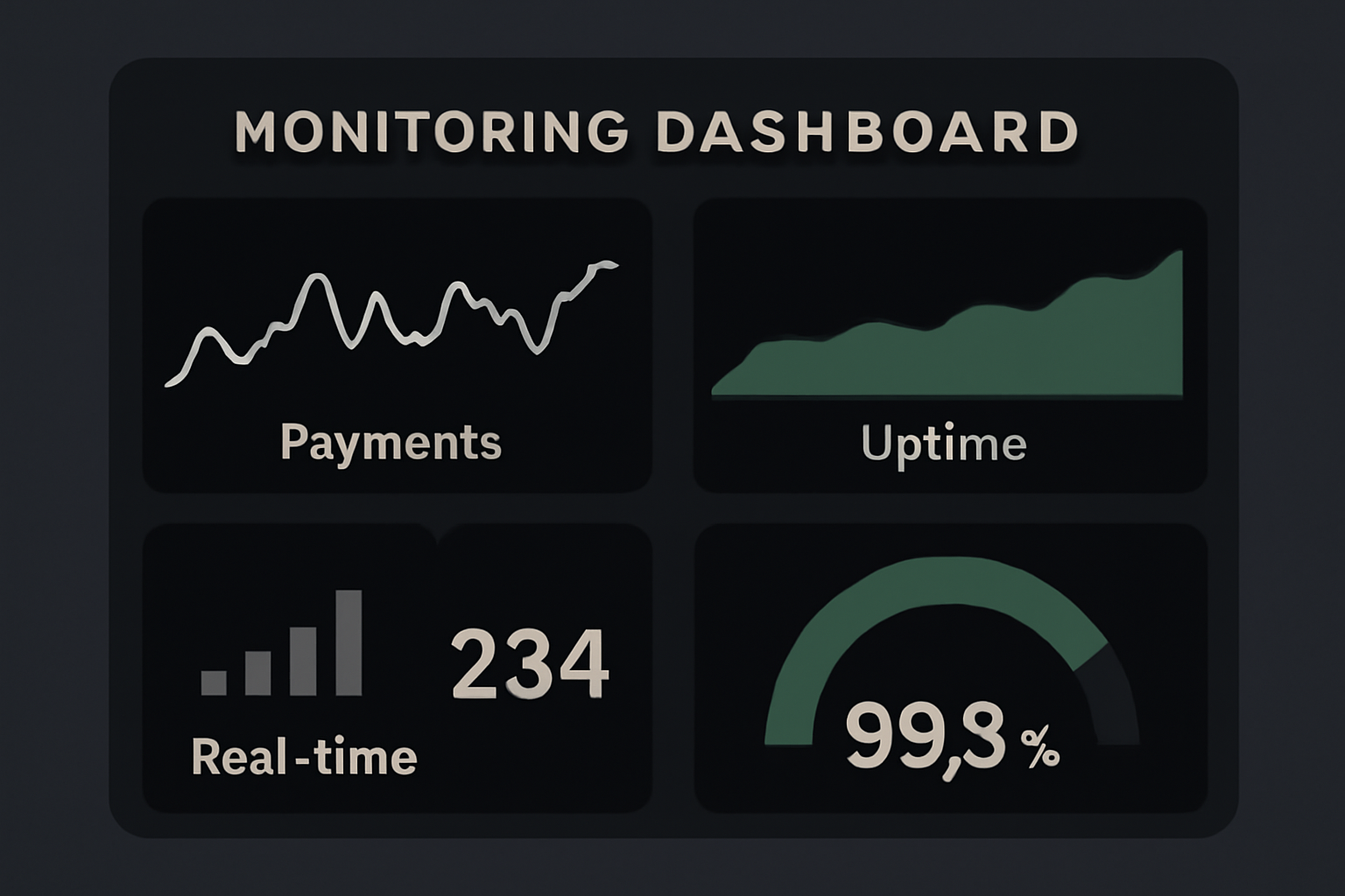 monitoring dashboard with graphs for payments and uptime, dark mode, real-time metrics