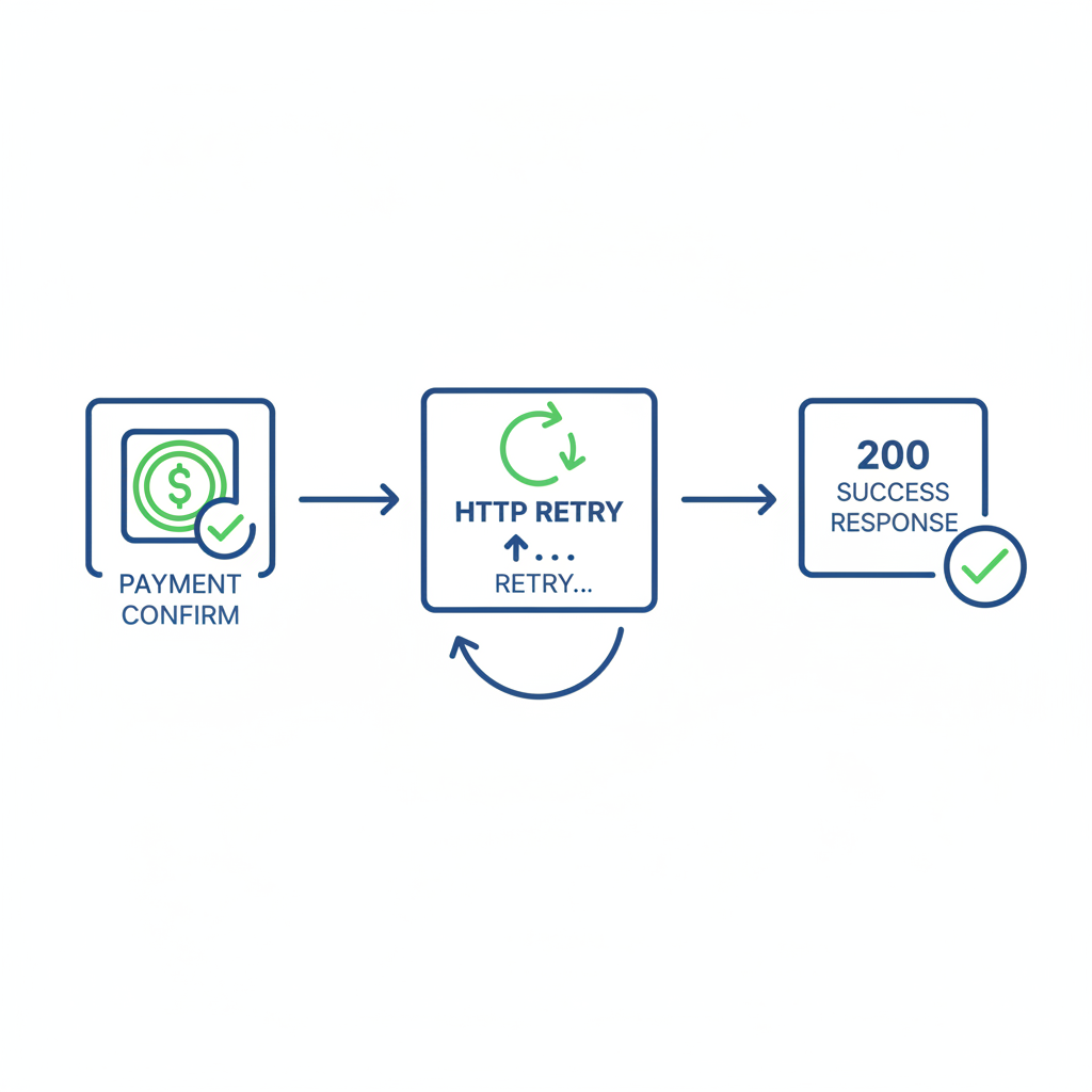 Retry loop diagram: payment confirm -> HTTP retry -> 200 success response, checkmark icons