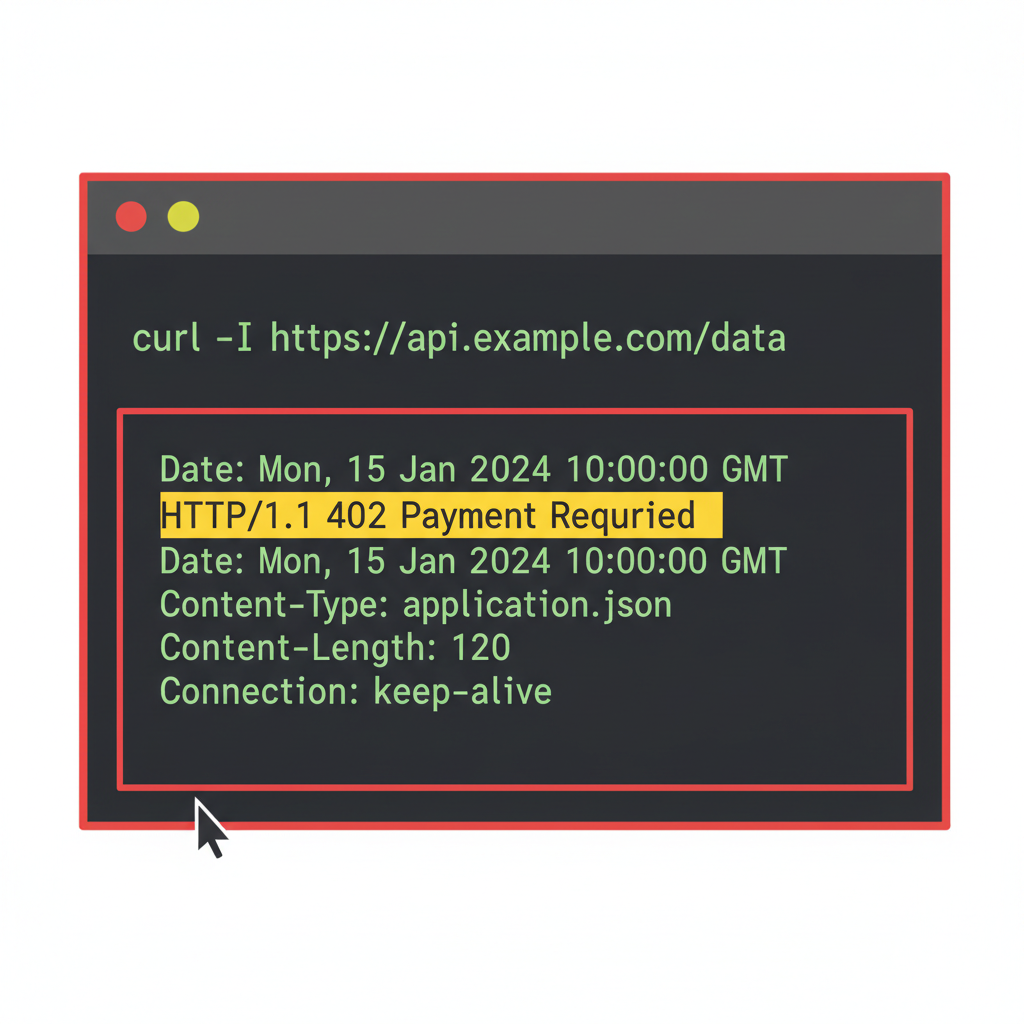 Curl command in terminal showing 402 Payment Required response, HTTP headers highlighted