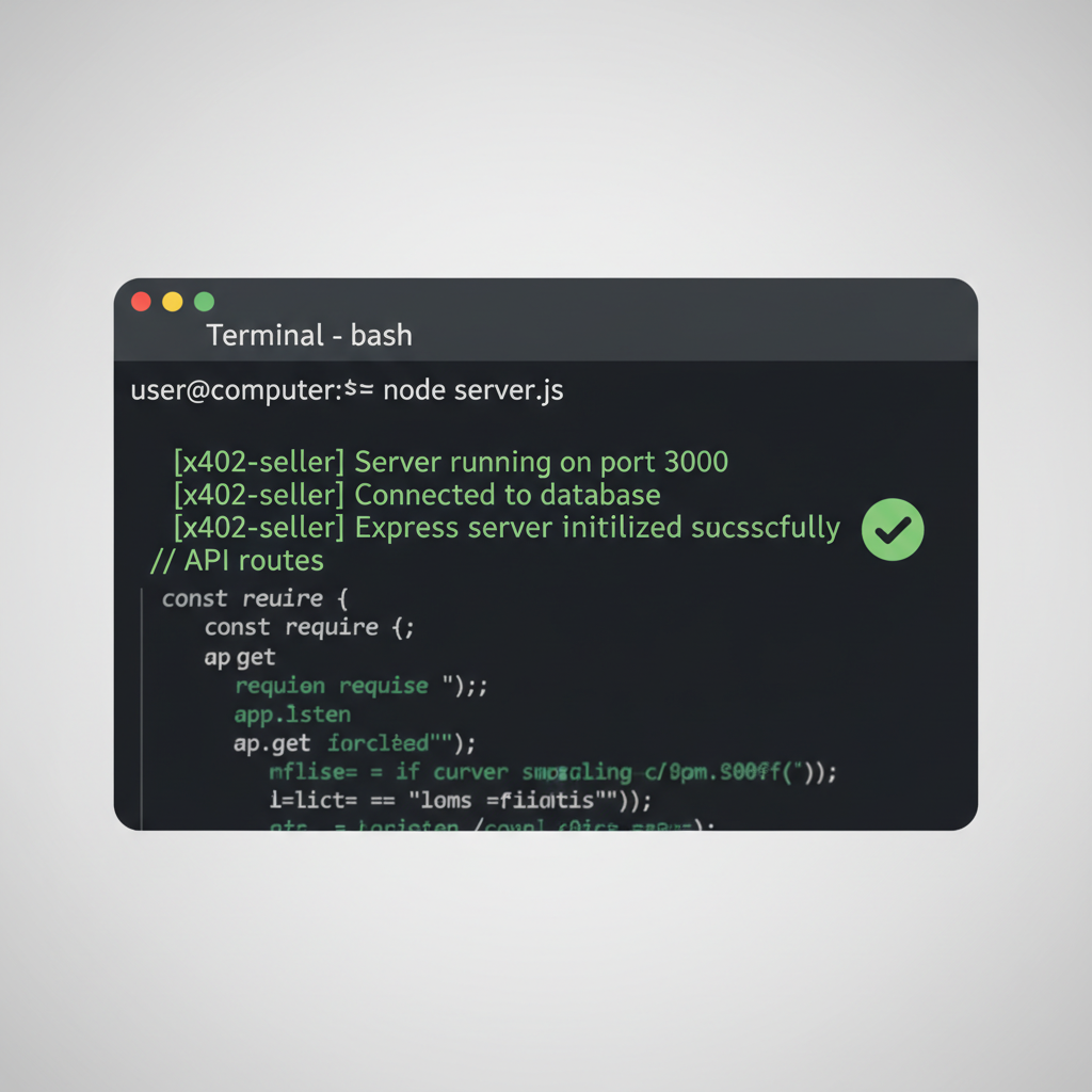 Terminal window running Node.js Express server for x402 seller, green success logs, code snippets visible