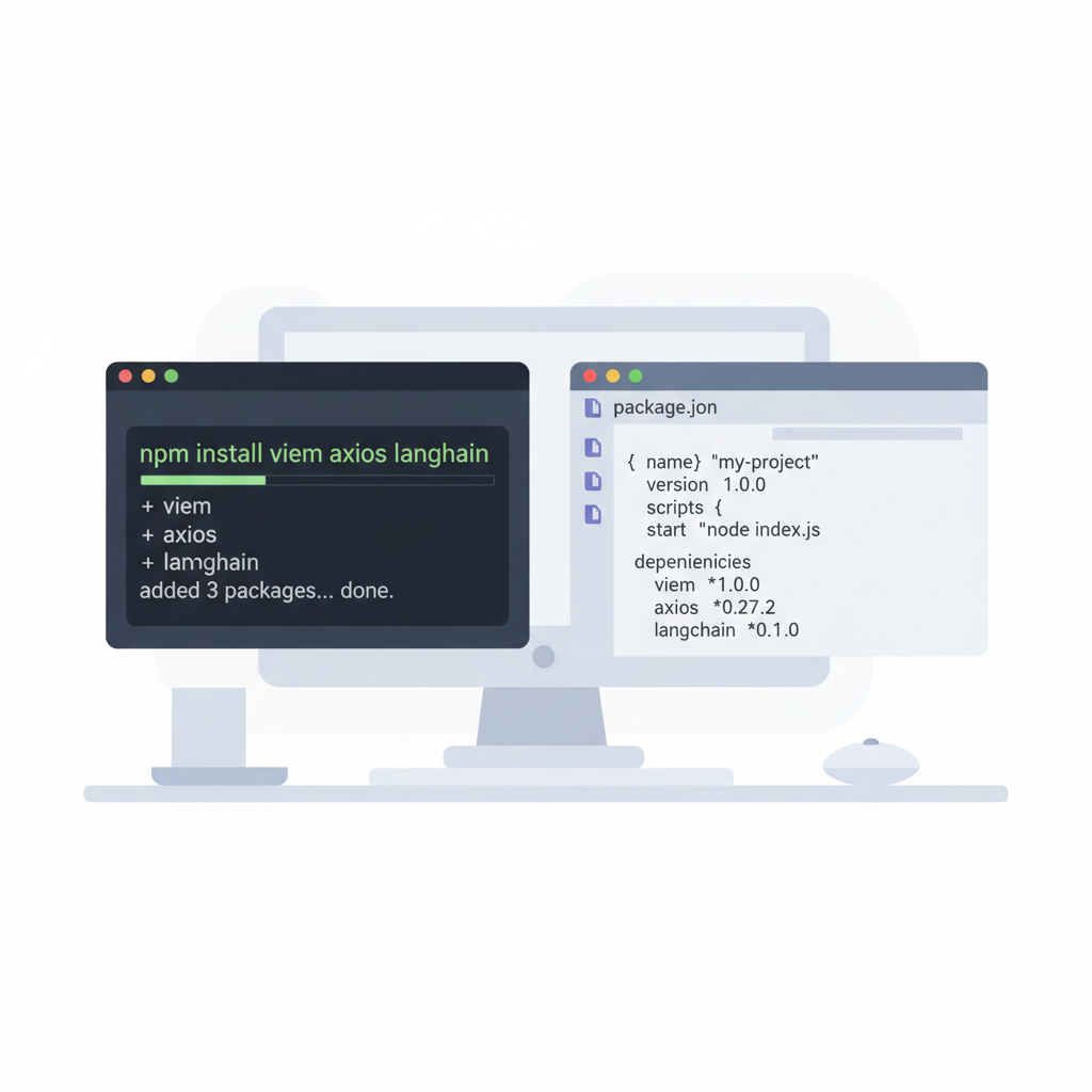terminal installing npm packages like viem axios langchain, package.json file open