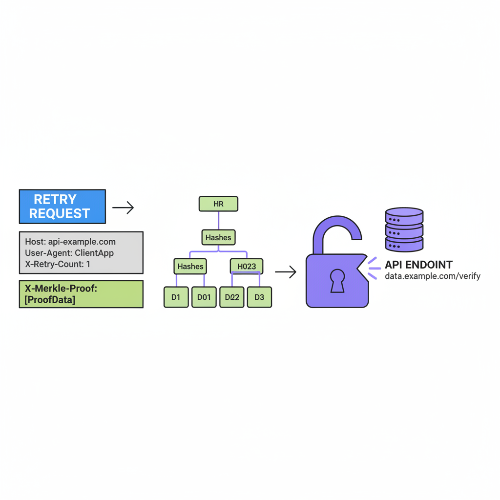 diagram showing Merkle proof appended to HTTP headers in retry request, tree structure of Merkle proof, lock opening to API endpoint --ar 16:9