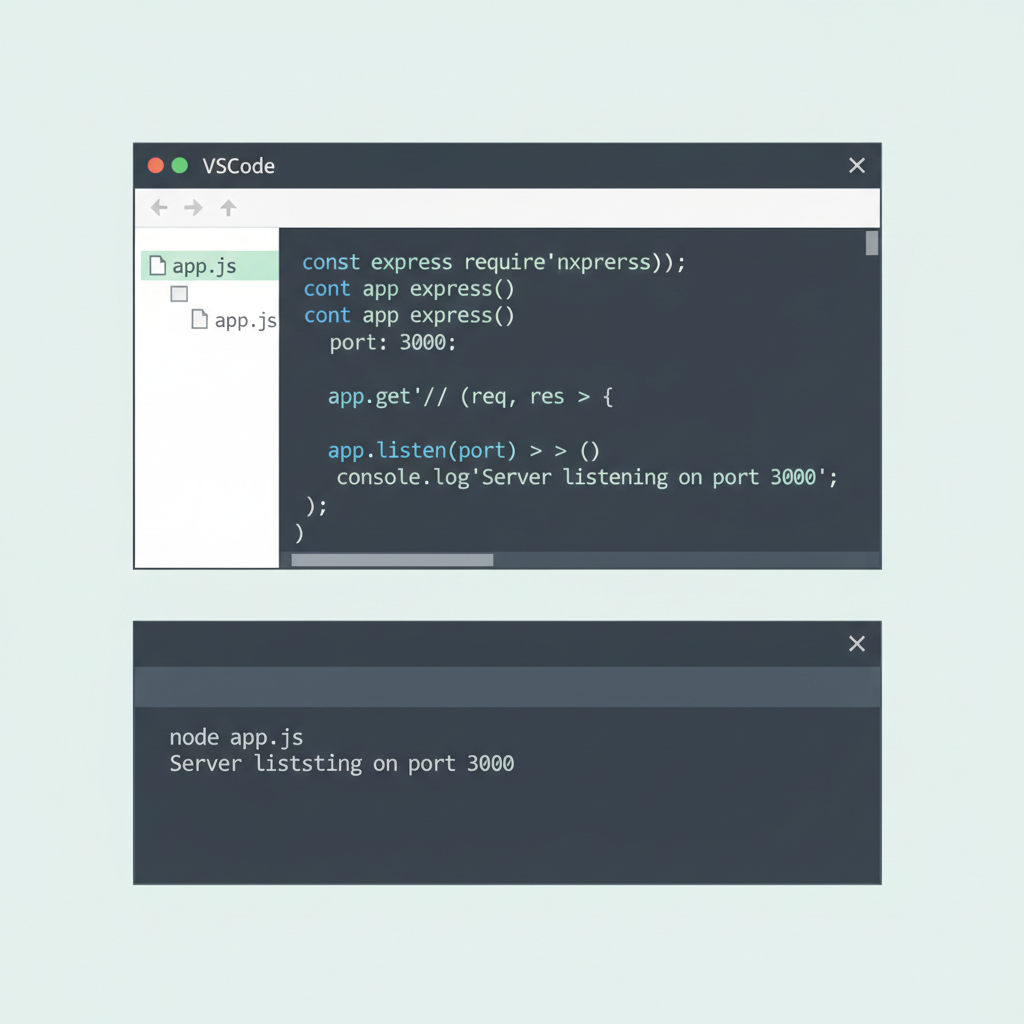 code editor with Express.js app.js file open, server running terminal below