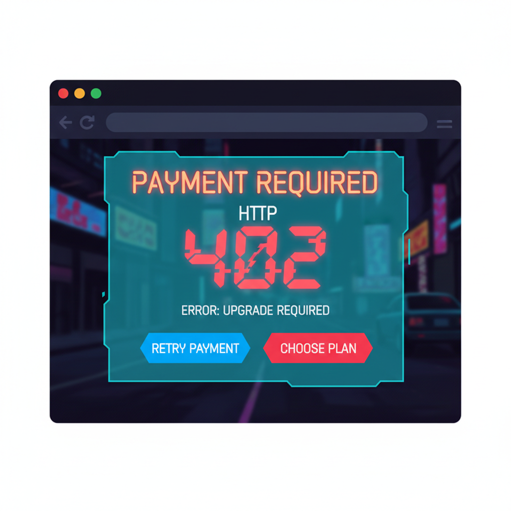 HTTP 402 error popup on browser, glowing payment required header, cyberpunk style