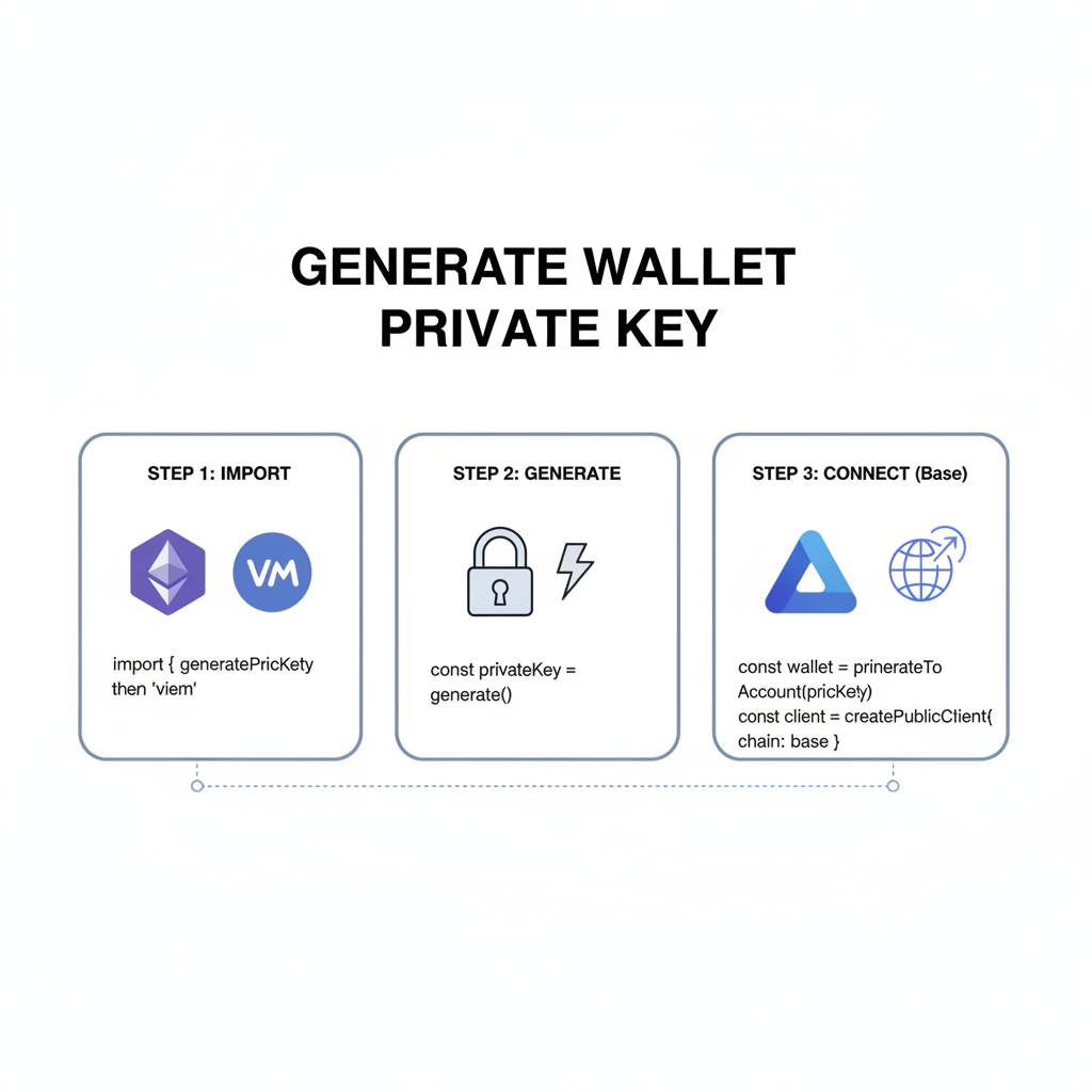 code snippet generating Ethereum wallet private key, viem library icons, Base chain logo