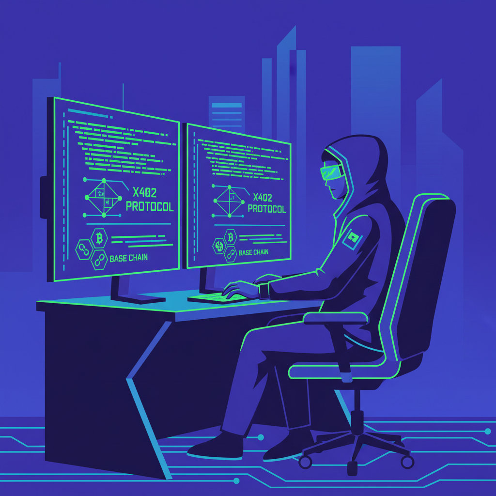 developer at desk auditing code on dual monitors with x402 protocol diagrams and Base chain icons, cyberpunk style, vibrant blues and greens
