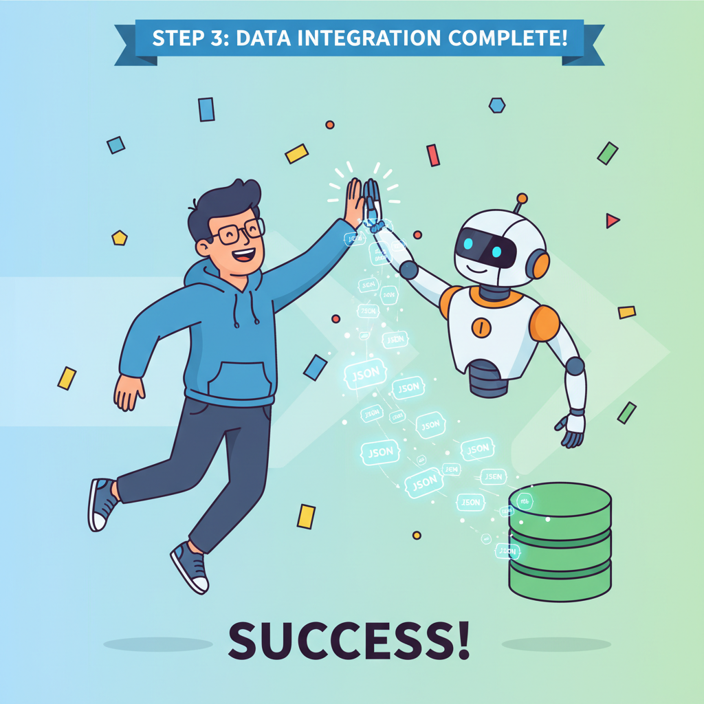 happy developer high-fiving AI robot, json data flowing successfully, confetti celebration