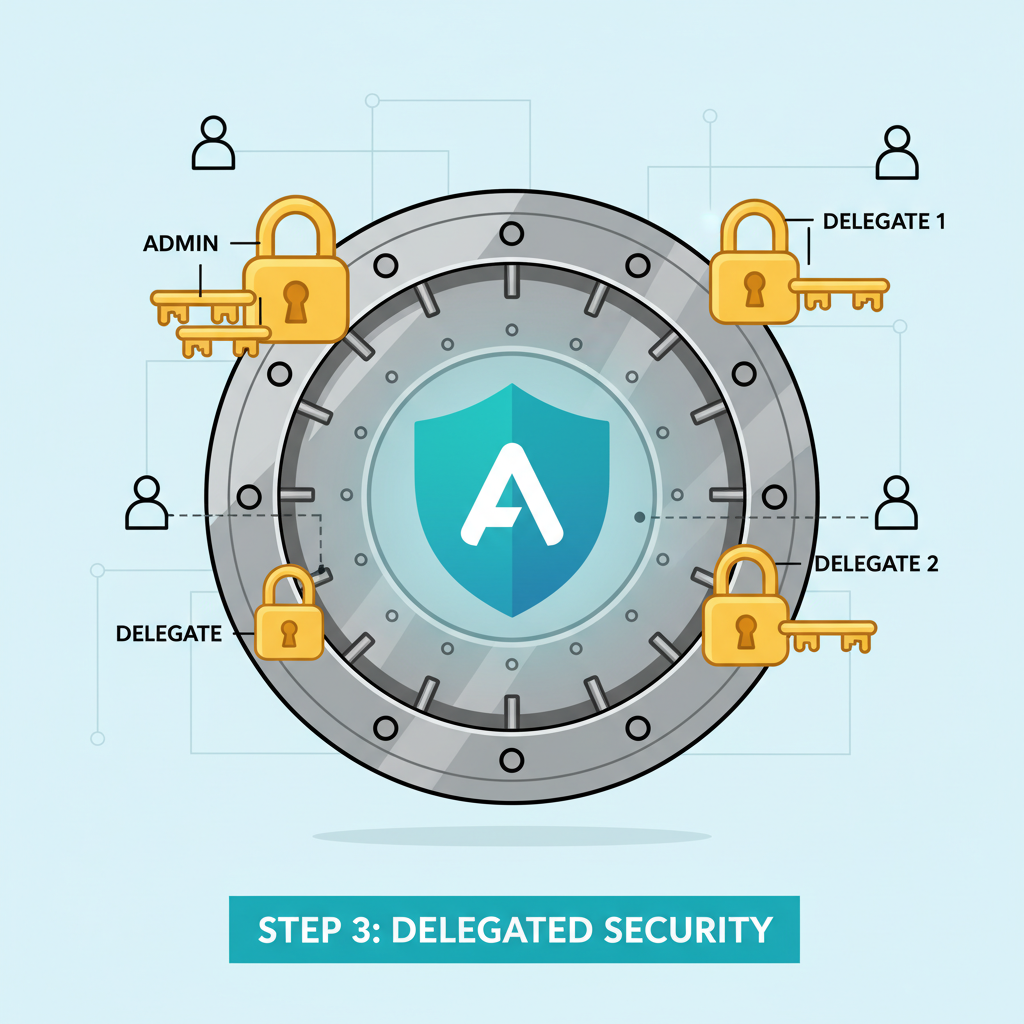 Secure vault with delegated keys, padlock icons, Algorand shield protection