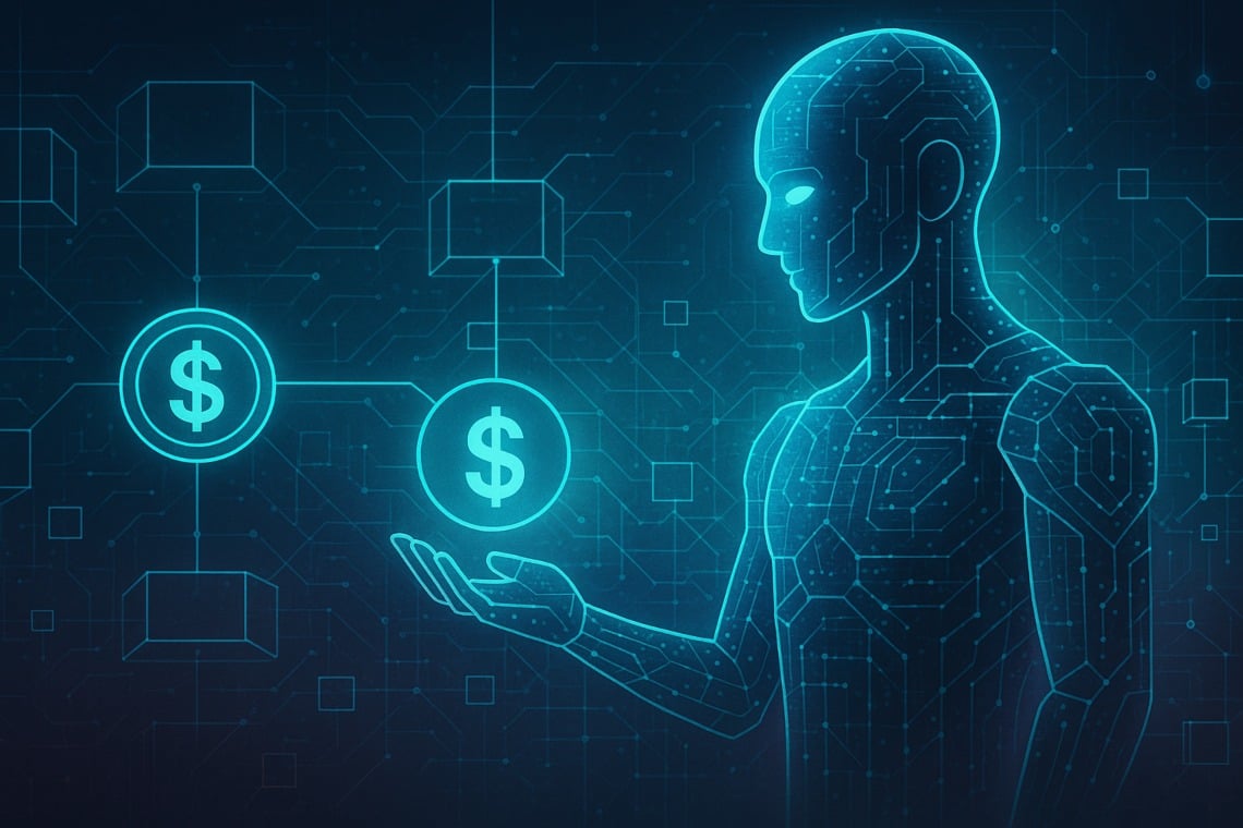 Illustration of two AI agents exchanging stablecoins using the x402 payment protocol, representing autonomous digital transactions.