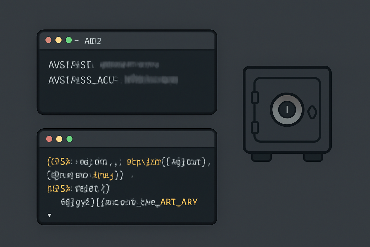 code editor showing .env file with API keys blurred, Node.js config snippet, secure vault icon, dark theme