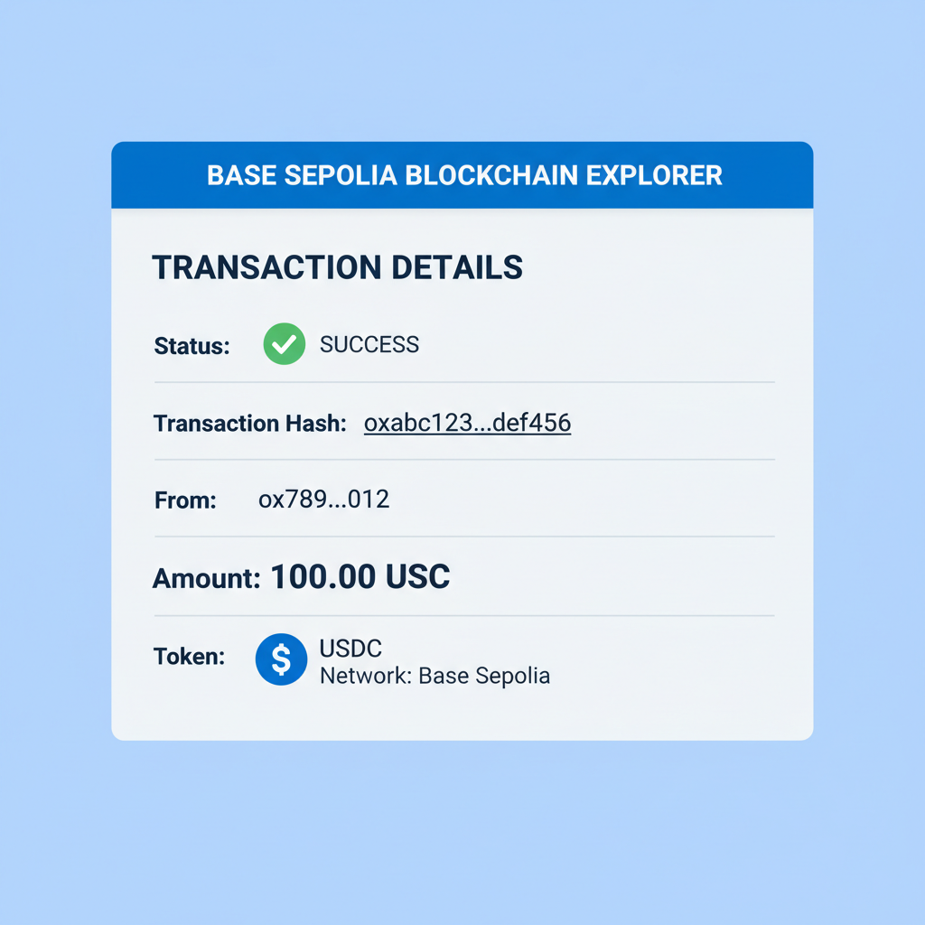 blockchain explorer showing USDC transfer on Base Sepolia, green checkmark transaction