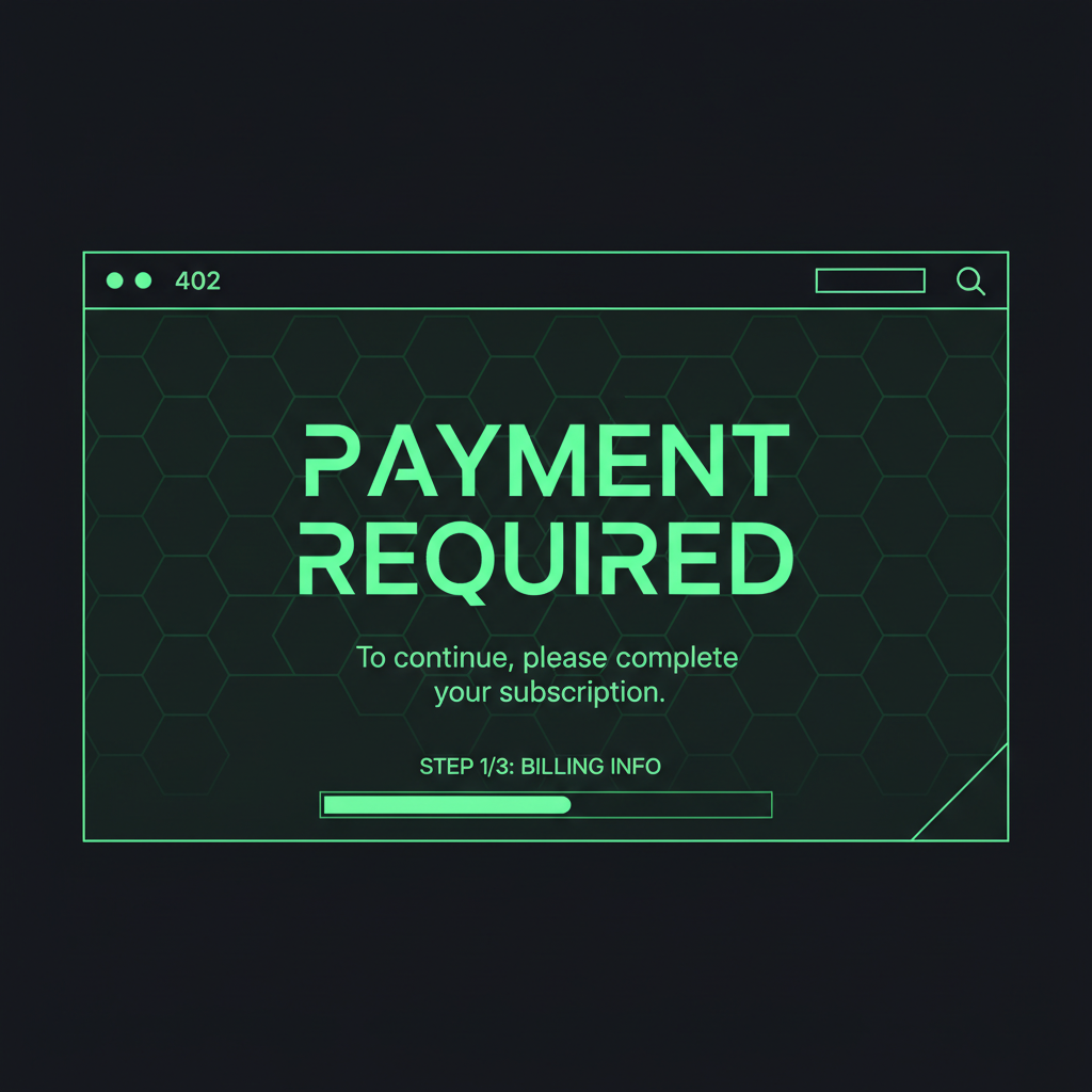 HTTP 402 error screen glowing with payment required message, futuristic web interface, green accents