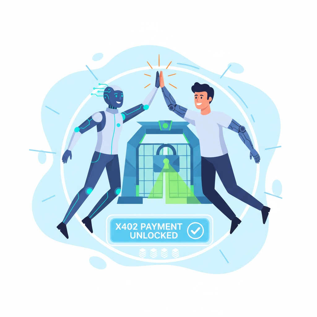 AI agent high-fiving server after successful x402 payment unlock, triumphant futuristic scene