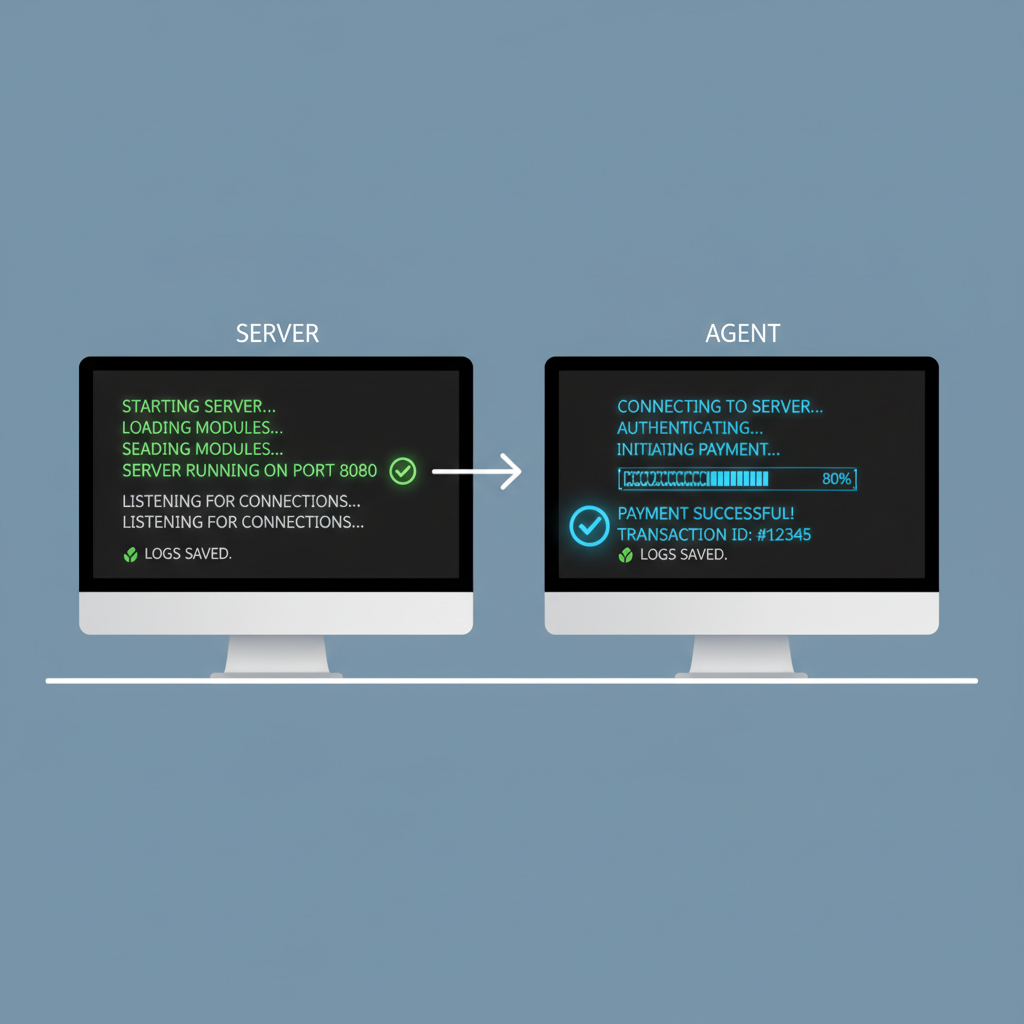 Dual terminals: server running, agent paying, success logs