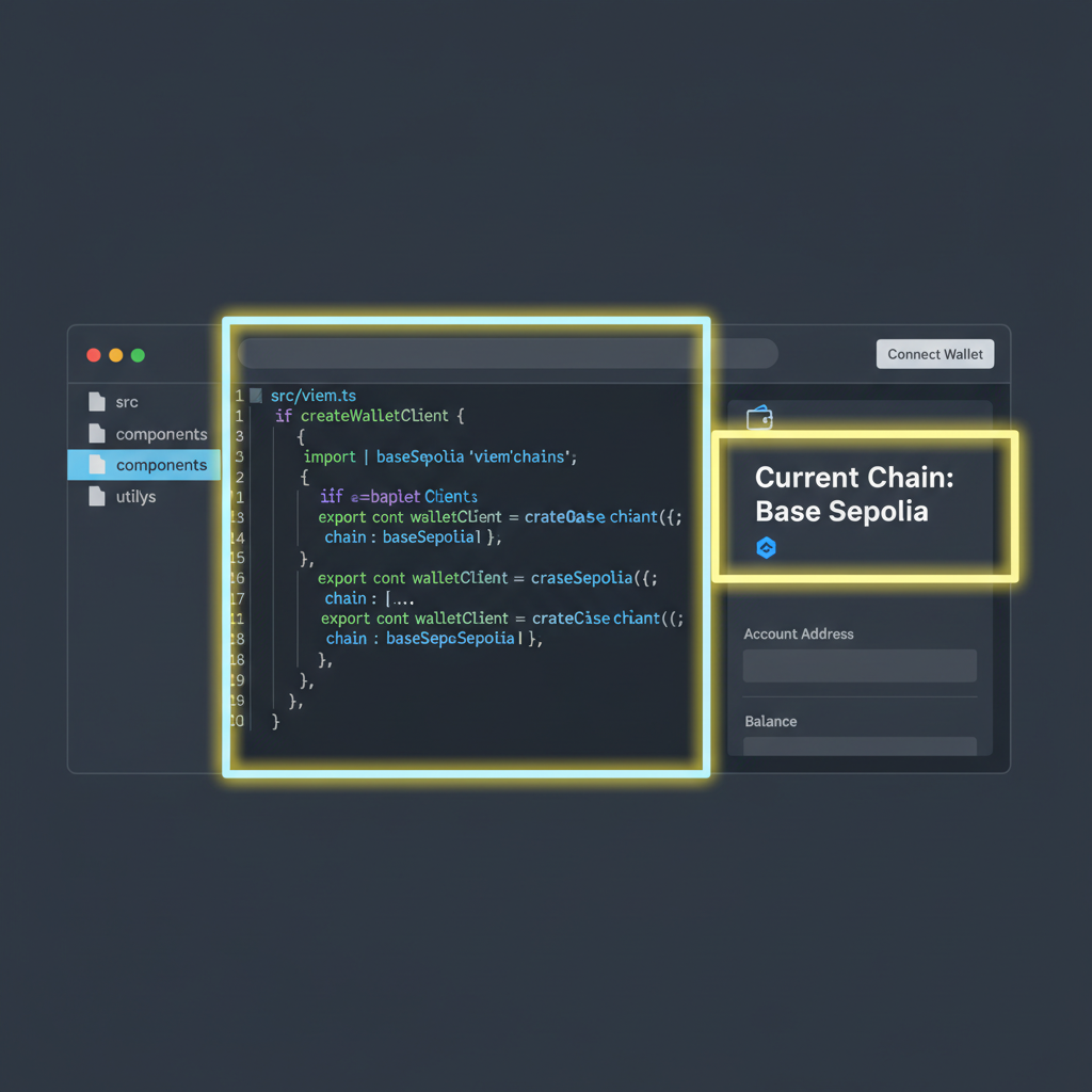 JavaScript code editor with viem wallet client setup, Base Sepolia chain config highlighted