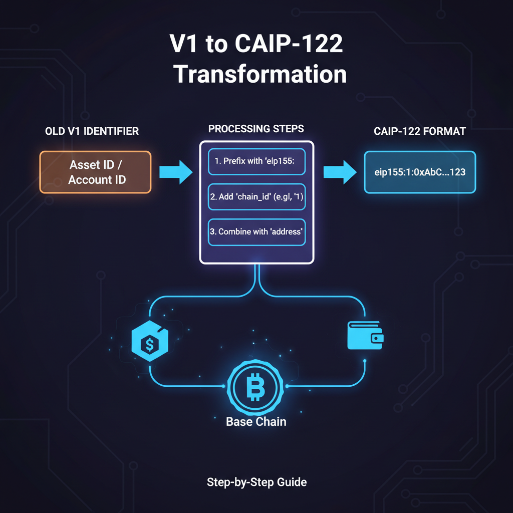 flowchart transforming old V1 identifiers to CAIP-122 format, glowing wallet icons connecting to Base chain, futuristic digital art