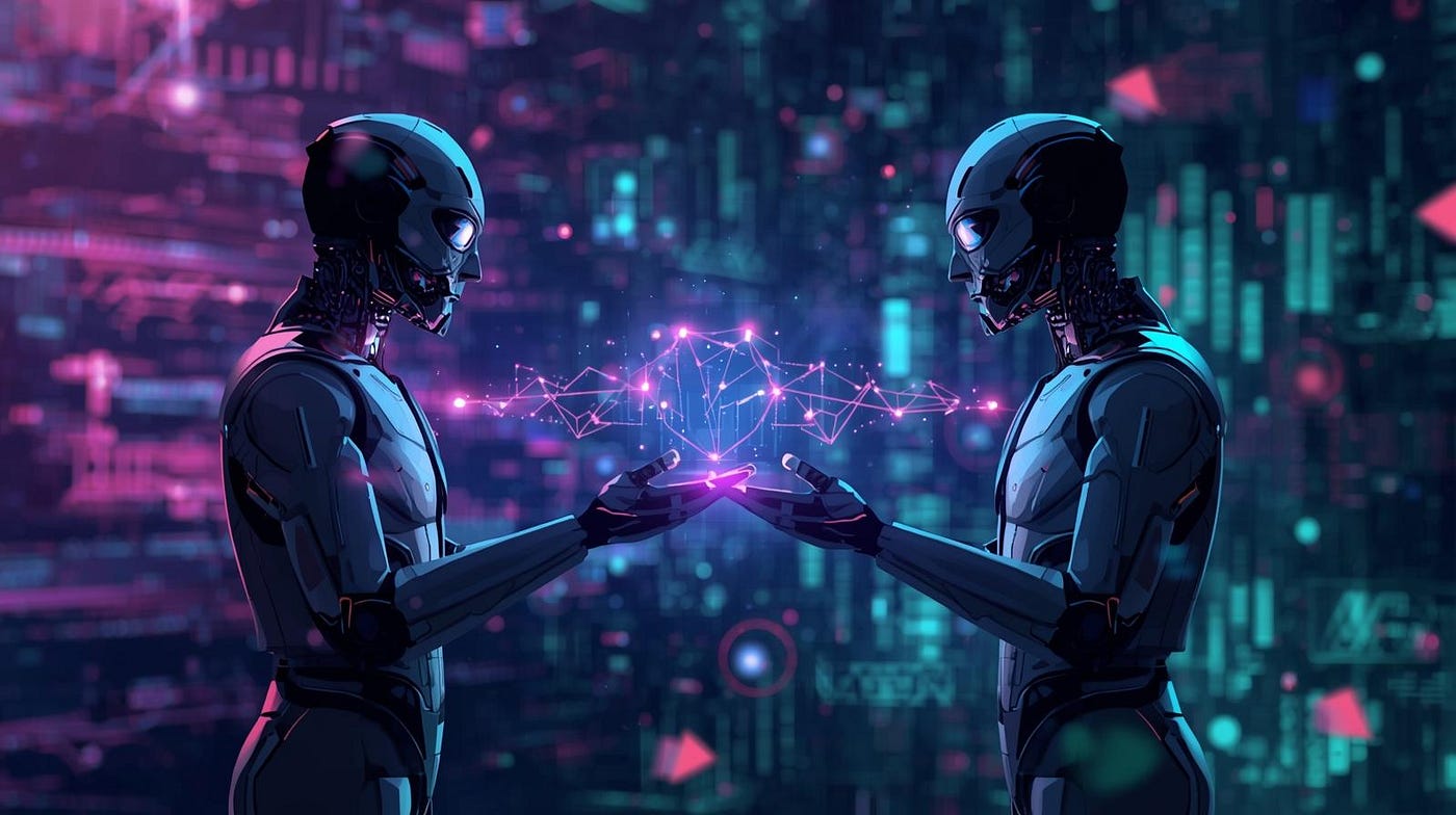 Futuristic AI agents exchanging USDC micropayments via Coinbase x402 protocol on Base blockchain network