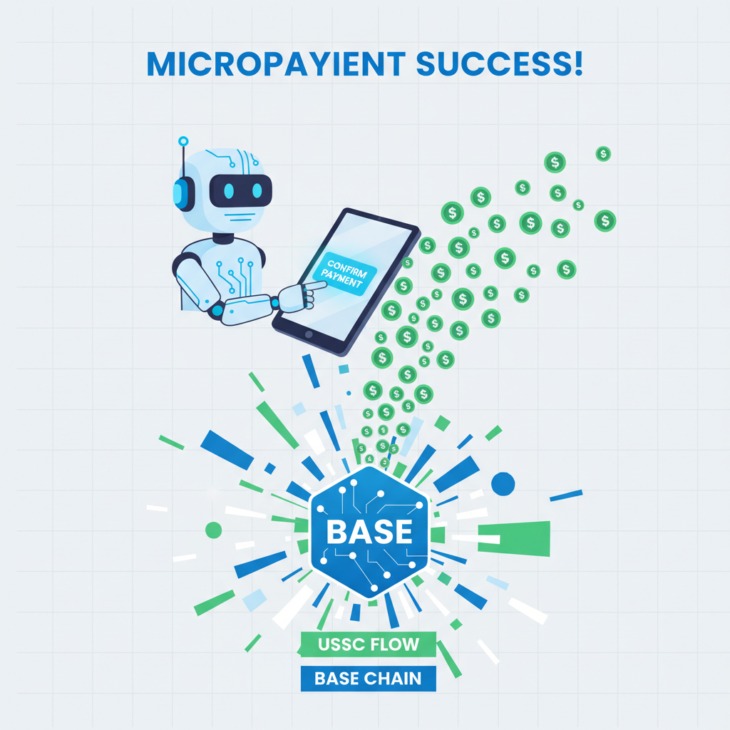 AI agent executing micropayment success, USDC flow confetti, Base chain explosion