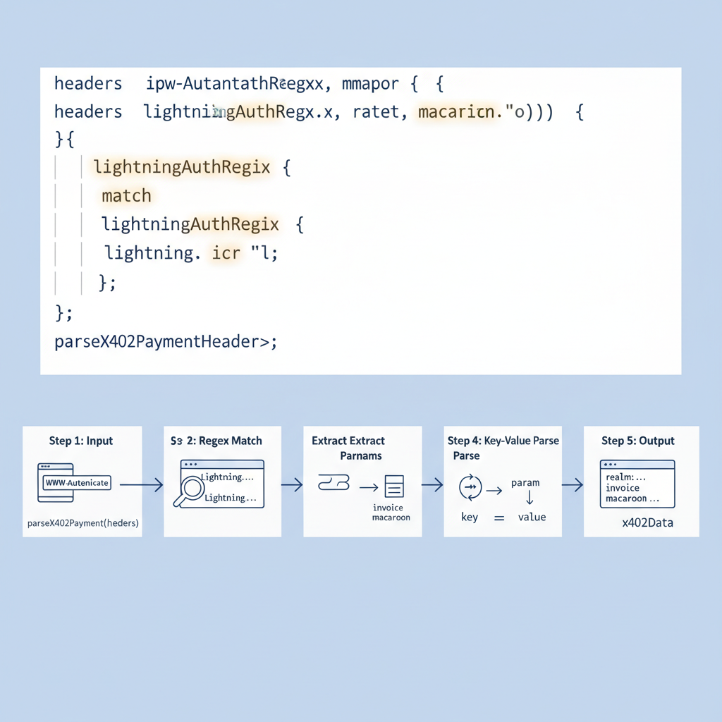 JavaScript code parsing HTTP headers for x402 payment details, highlighted variables, clean syntax