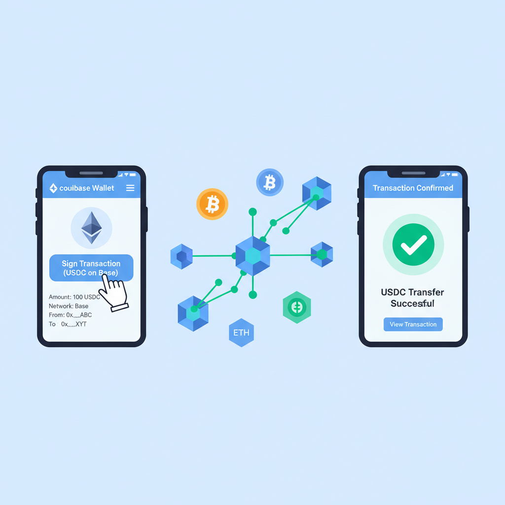 illustration of signing USDC transaction on Base network via Coinbase wallet, blockchain nodes connecting, green checkmark on success, crypto icons --ar 16:9